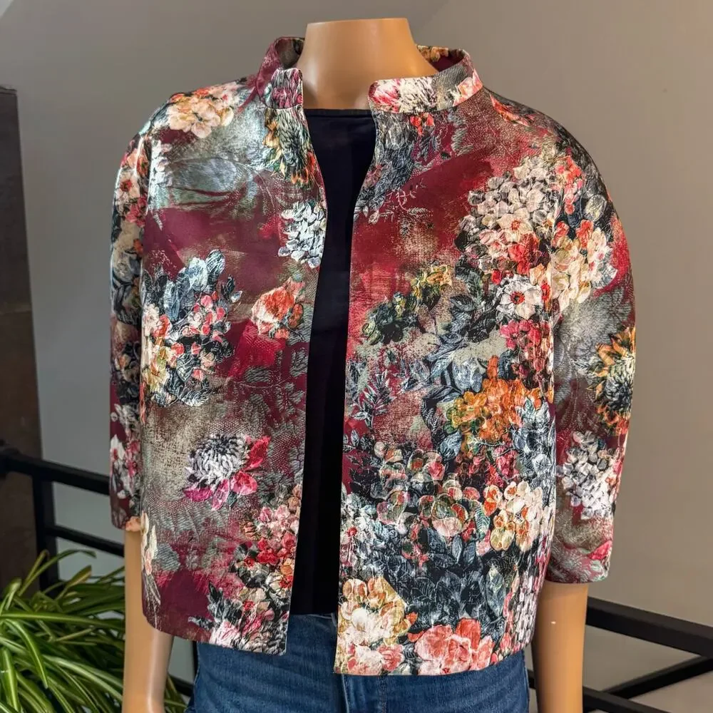 Vintage Blue Les Copains Jacquard Crop Floral Evening Jacket, Size US 8 / M / 44